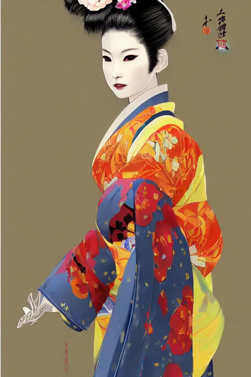 Image similar to a professional painting of a gorgeous Japanese Geisha girl, in brightly colored kimono, long dark hair, beautiful bone structure, symmetrical facial features, intricate, elegant, digital painting, concept art, smooth, sharp focus, illustration, from StarCraft by Ruan Jia and Mandy Jurgens and Artgerm and William-Adolphe Bouguerea, epic, stunning, gorgeous, intricate detail, much wow, 4K, masterpiece, trending on artstation