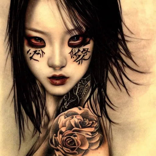 Prompt: gorgeous chinese girl in tattoos, by luis royo, top cinematic lighting, cinematic mood, hyperrealism