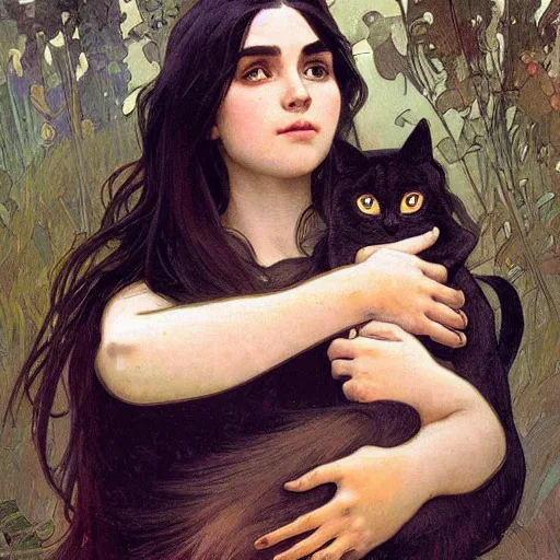 Prompt: girl with long dark hair thick eyebrows and dark eyes, she is holding a cat in her arms, by juan villafuerte, greg rutkowski and alphonse mucha, pexels contest winner, high quality photo, rtx, hd