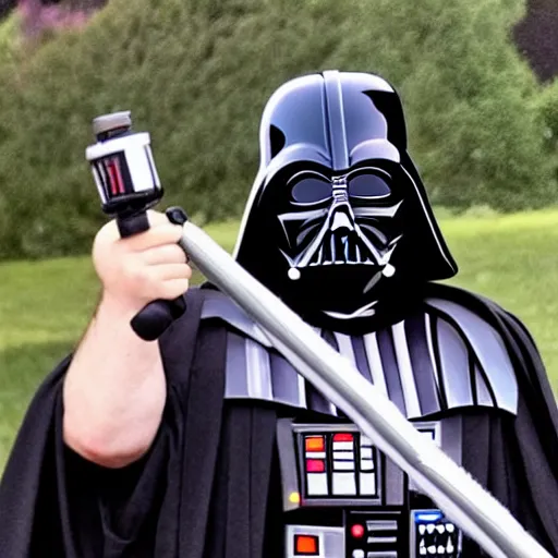 Prompt: Rich Evans with a Darth Vader! helmet! holding a Astromech toy!