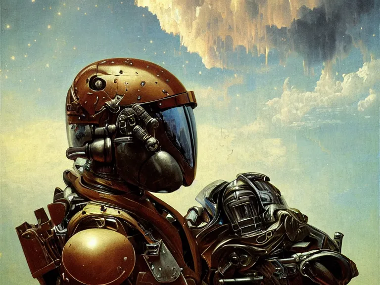 Image similar to a detailed profile oil painting of a bounty hunter in armour and visor, cinematic sci-fi poster. technology flight suit, bounty hunter portrait symmetrical and science fiction theme with lightning, aurora lighting clouds and stars. Clean and minimal design by beksinski carl spitzweg and tuomas korpi. baroque elements. baroque element. intricate artwork by caravaggio. Trending on artstation. 8k