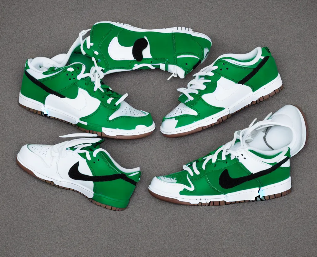 Image similar to a press photograph of nike dunks low pine green and white, size 1 0, white background