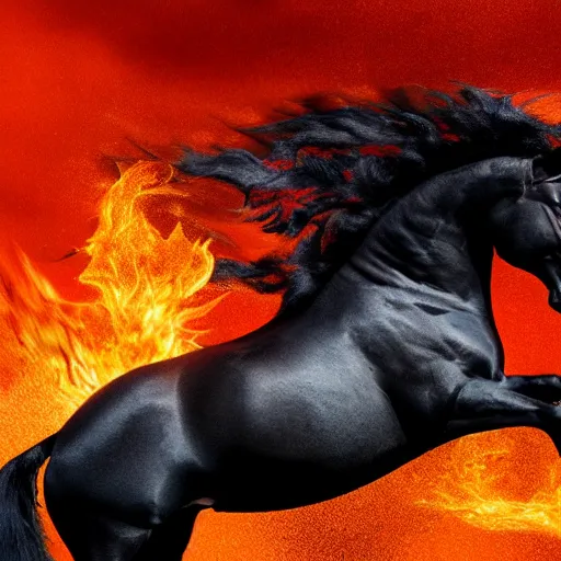 Prompt: a running black horse with an orange mane with flames coming out of it, 8k, hyper realistic, digital art