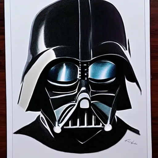 Prompt: colored pencil drawing of darth vader, portrait in the louvre