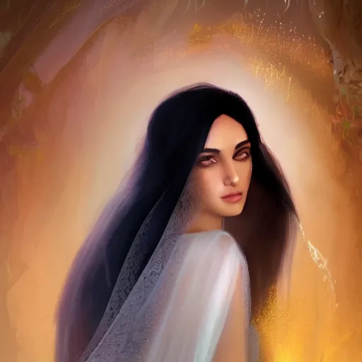 Prompt: beautiful Arab woman, white transparent veil black hair, bathing in a waterfall, ethereal, emotive, fine art, water mist, mystical, Romanticism, golden light digital painting, artstation, concept art