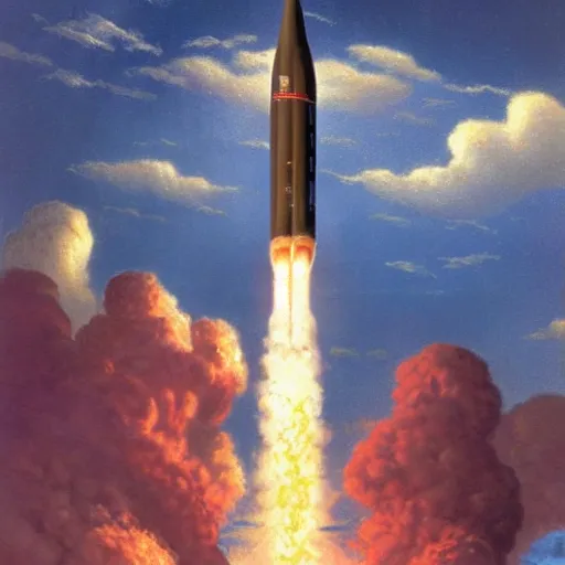 Prompt: a beautiful matte painting of an intercontinental ballistic missile, by bob ross and thomas kinkade