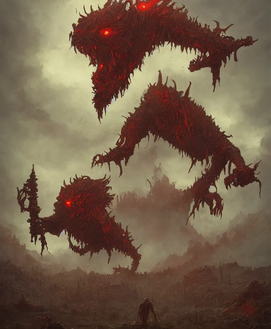 Prompt: giant hangry devil with arms open in judgement day, illustrated by Simon Stålenhag and Gaston Bussiere, intricate, ultra detailed, photorealistic, trending on artstation