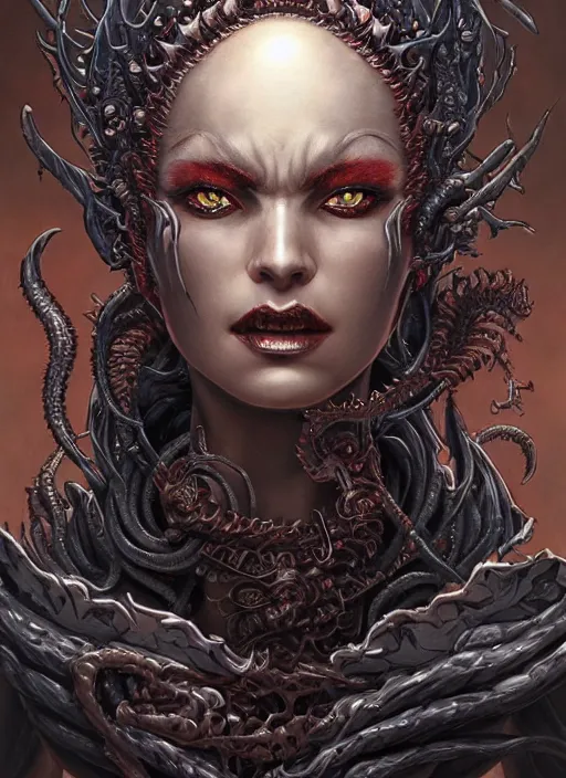 Image similar to a hyper detailed face portrait of the queen of blades, diablo 4 lilith, by yusuke murata, by hiroya oku, by dorian cleavenger, by tom bagshaw, by zdzisław beksinski, trending on artstation