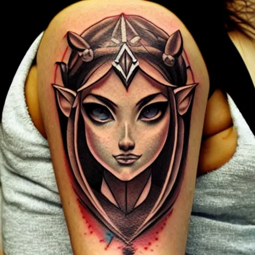 Image similar to tattoo design, stencil, portrait of princess zelda by artgerm, symmetrical face, beautiful, triforce