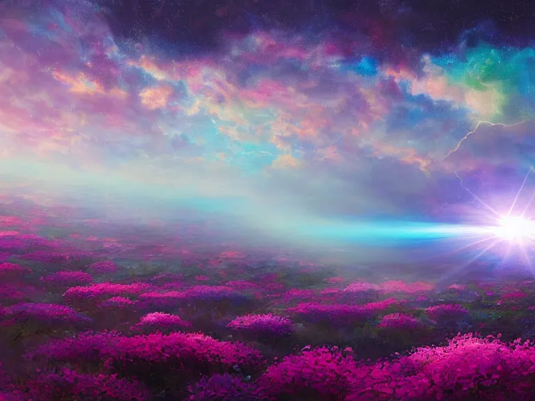 Image similar to a fine painting of a glorious place where the heavens open to the great cosmos, where flowers are launched into the unknown 8 k, ultra realistic, lens flare, atmosphere, glow, detailed, intricate, full of colour, cinematic lighting, trending on artstation, 4 k, hyperrealistic, focused, extreme details, unreal engine 5, cinematic, masterpiece