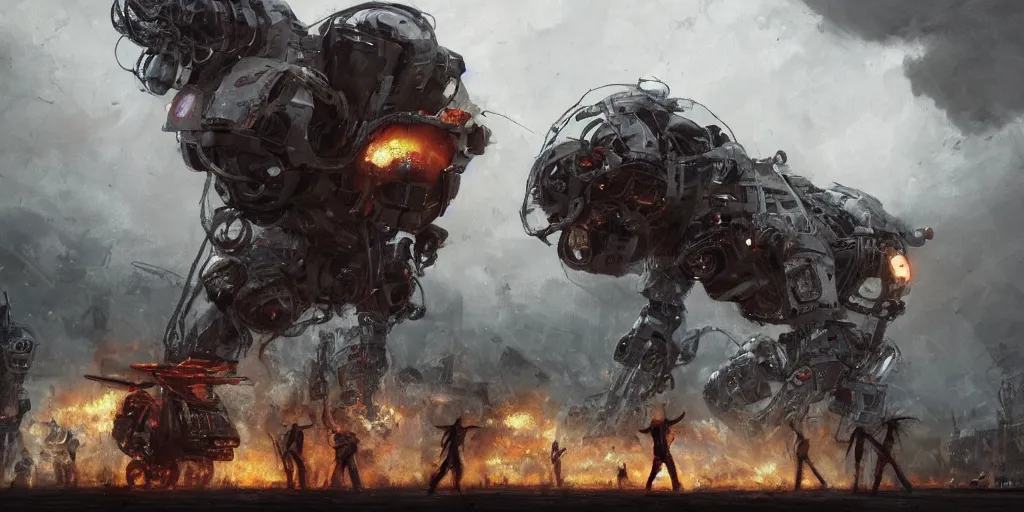 Image similar to concept art, of a [ rage against the machine ] band memebers!!! concert!!! humans fighting with robots!!, detailed, close shot, dark concept art, dark skies painting by wlop, nixeu and greg rutkowski, beautiful, semirealism, artstation, octane render, oil painting, sharpness, 8 k, golden ratio