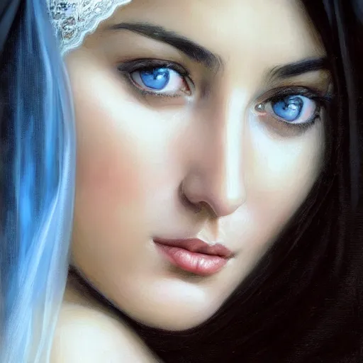 Image similar to Beautiful face Portrait of crying young arab Monica Bellucci, really big blue eyes, long wavy black hair, white veil, closeup, focus face, colored, middle eastern, dramatic lighting, intricate, wild, highly detailed, digital painting, artstation, concept art, smooth, sharp focus, illustration, art by artgerm and greg rutkowski and alphonse mucha, footage from space camera