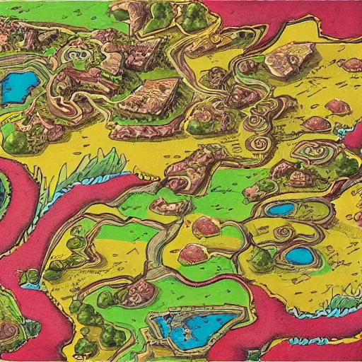 Prompt: a detailed drawing of a colorful ancient map in a videogame