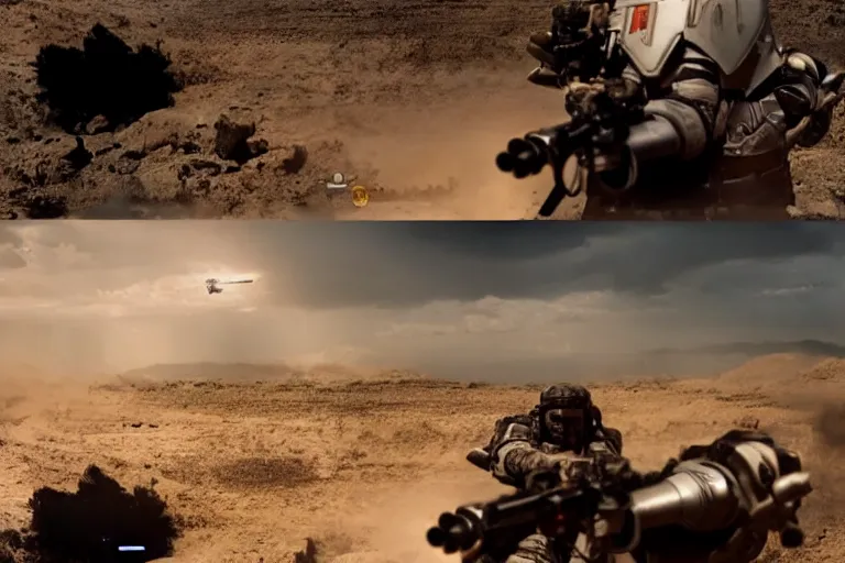 Image similar to VFX movie of a futuristic spacemarine in war zone, shooting gun natural lighting by Emmanuel Lubezki