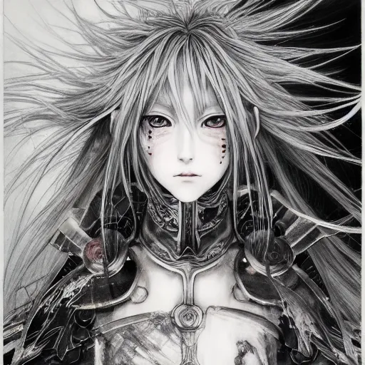 Image similar to yoshitaka amano realistic illustration of an anime girl with black eyes, wavy white hair fluttering in the wind and cracks on her face wearing elden ring armor with engraving, abstract black and white patterns on the background, noisy film grain effect, highly detailed, renaissance oil painting, weird portrait angle, three quarter view