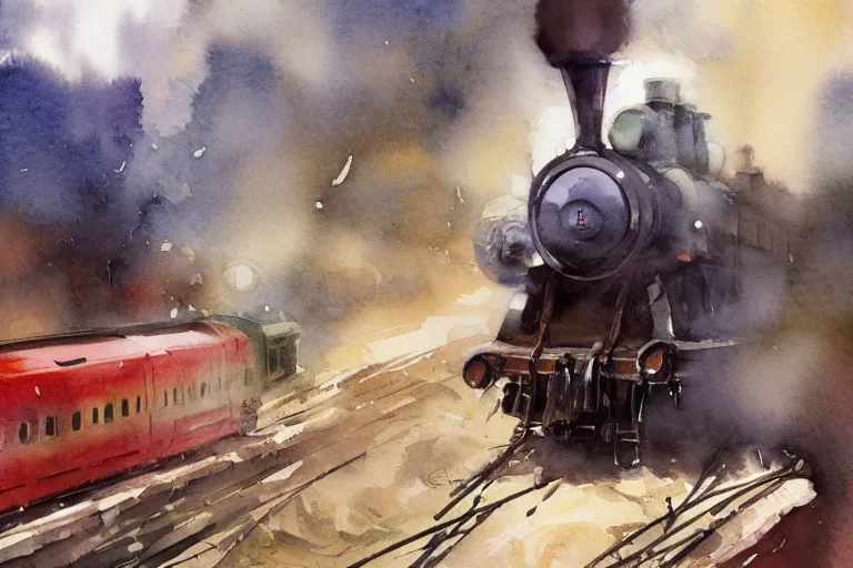 Image similar to small centered on watercolor paper, paint brush strokes, abstract watercolor painting of steam train voyage, cinematic light, national romanticism by anders zorn, by hans dahl, by jesper ejsing, by greg rutkowski, by greg manchess, by tyler edlin, by craig mullins