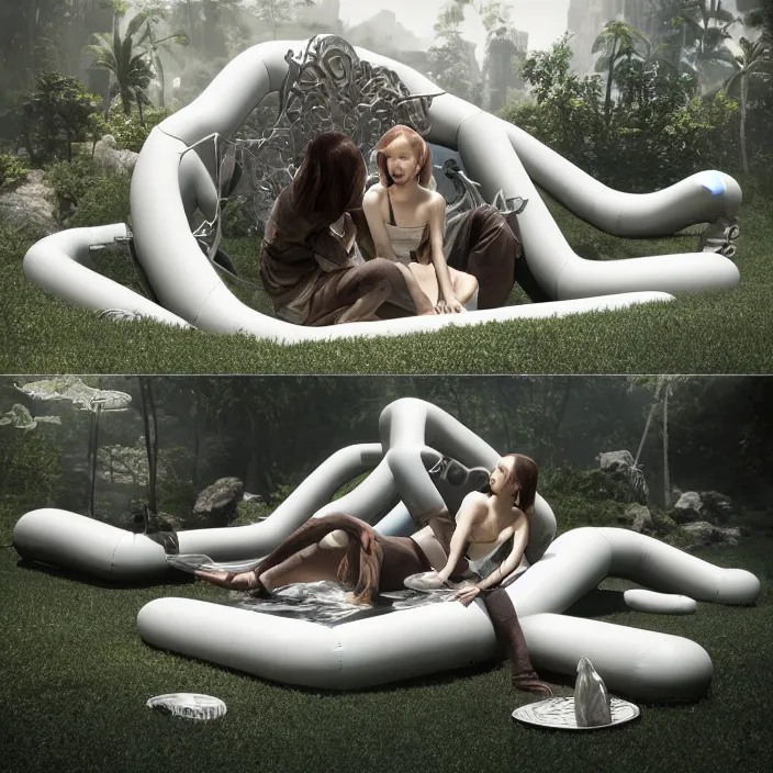 Prompt: minimal modernist bauhaus style neverending story inflatable pool floats, ultra realistic, concept art, intricate details, serious, highly detailed, photorealistic, octane render, 8 k, unreal engine, art by todd mcfarlane and artgerm and greg rutkowski and alphonse mucha