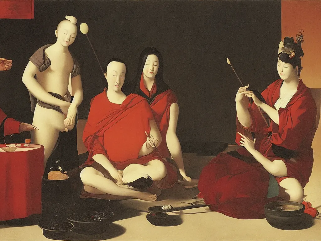 Image similar to portrait of man and woman in zen meditation, with giant lollipop. painting by georges de la tour