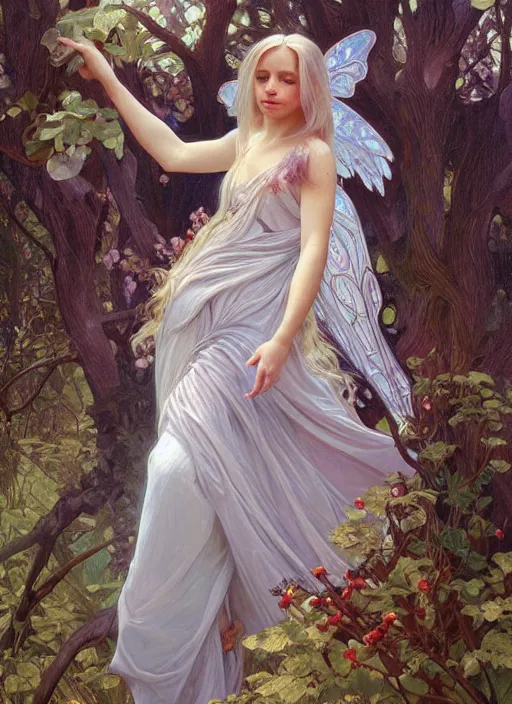 Prompt: beautiful oil painting full body portrait of fairy princess princess soft skin silver hair standing in tree, Noah Bradley, Noah Bradley, Alphonse mucha