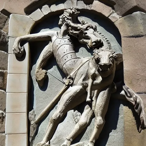 Prompt: beautiful stone sculpture of st George and the dragon