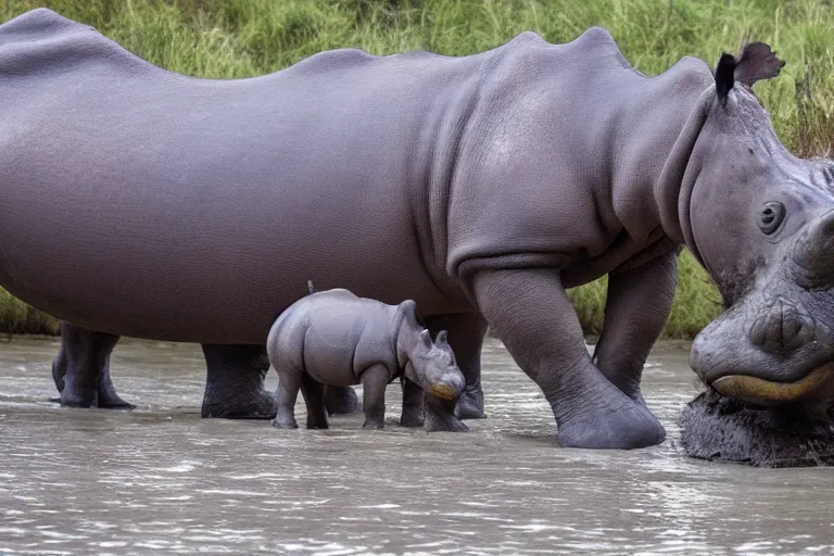 Image similar to a Hippopotamus string at a Rhinoceros, both preparing themselves to what is to come next