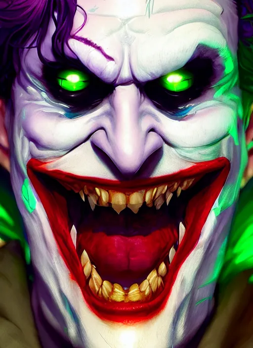 Image similar to glowwave portrait of joker who laughs, au naturel, hyper detailed, digital art, trending in artstation, cinematic lighting, studio quality, smooth render, unreal engine 5 rendered, octane rendered, art style by francesco mattina and ian sprigger and wlop and krenz cushart.