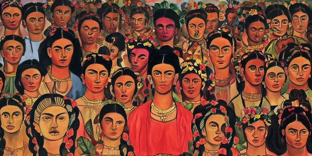 Image similar to The devil runs a group of people's lives in a big circle, Frida painting style.