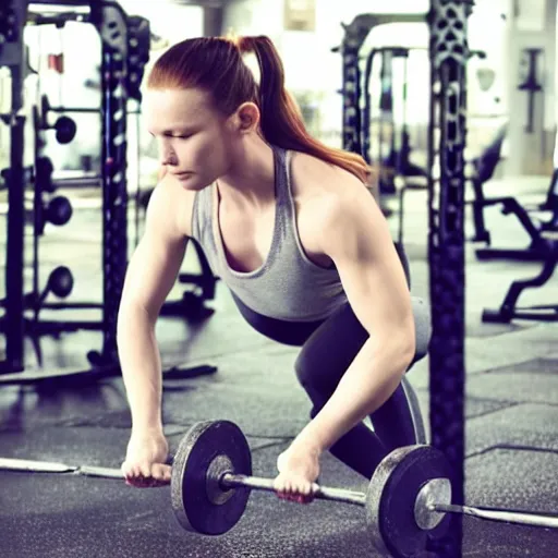 Image similar to elf at the gym, lifting weights. ethereal beauty contrasting hard metal equipment. fantasy athlete. weight training. elven elfish elf ears elf beauty.