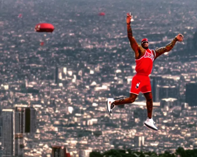 Prompt: dennis rodman t-posing in the air like jordan. he is flying over the city like a delicate little dove