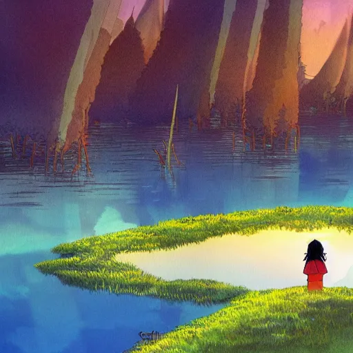 Image similar to a beautiful lake, fantasy art, 2 d, by studio ghibli