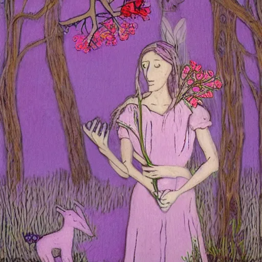 Image similar to random, intuitive by leticia gillett, by jozsef rippl - ronai light violet. a experimental art of a vasilisa standing in the forest, surrounded by animals. she is holding a basket of flowers in one hand & a spindle in the other. gentle expression. in the background, the forest is dark & mysterious.