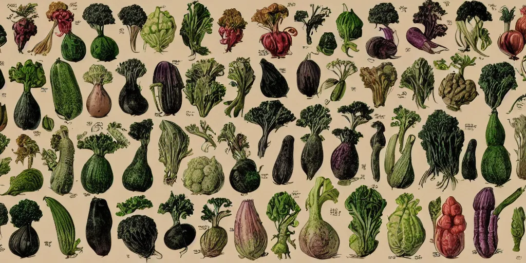 Image similar to full color page scan catalogue of various vintage fantasy vegetables illustrations on black background, in matte painting, 2 d, kitbash, 4 k