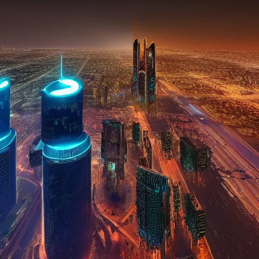 Prompt: Cyberpunk version of Riyadh, Saudi Arabia