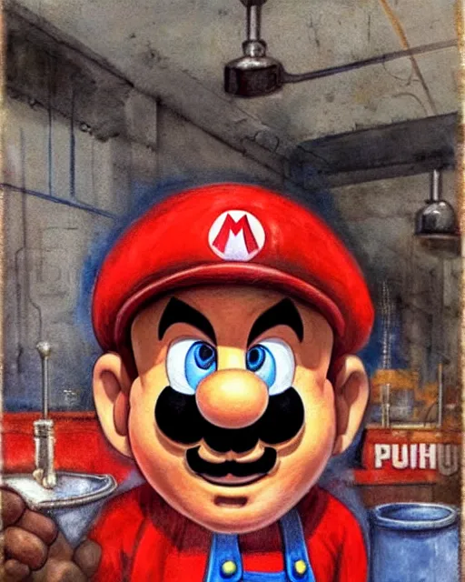 Prompt: portrait of super mario as a soviet factory worker, red cap, gritty, dirty, beautiful, very detailed, hyperrealistic, medium shot, very detailed painting by Glenn Fabry, by Joao Ruas