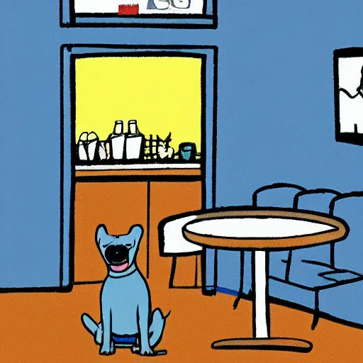 Prompt: bluey in a cafe at a dog shelter, cartoon, animation cel