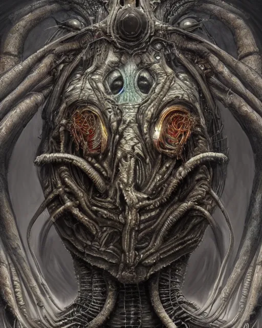 Prompt: cosmic lovecraft giger spider portrait, hyper detailed, digital art, trending in artstation, cinematic lighting, studio quality, smooth render, unreal engine 5 rendered, octane rendered, art style by klimt and nixeu and ian sprigger and wlop and krenz cushart.