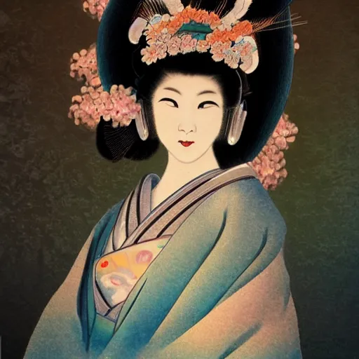 Prompt: beautiful japanese vintage panting of a lady in headdress, 3d rendered, depth of field, ultra detailed, rococo, zen concept