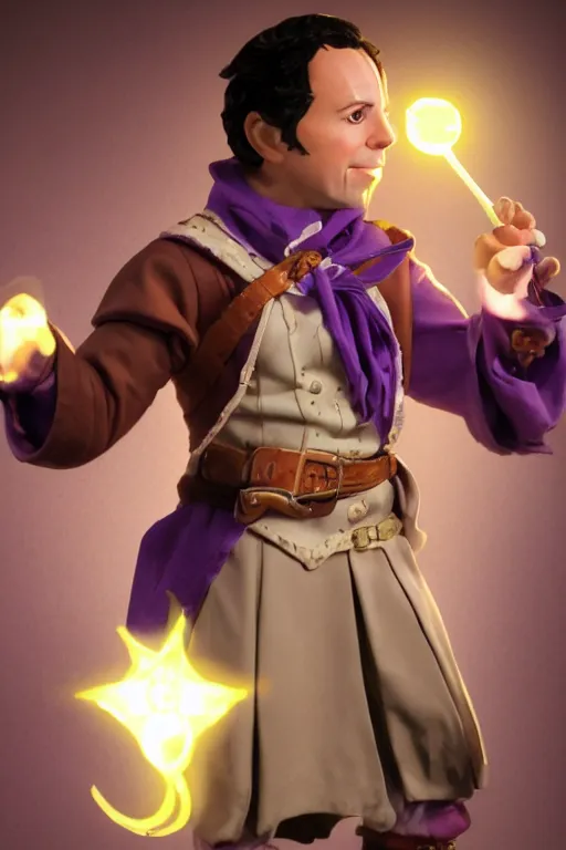 Image similar to Sam Riegel as Scanlan Shorthalt from Vox Machina, Halfling Bard, realistic cinematic shot, flipping you off using a magical glowing purple magic hand, subtle fog and mood lighting