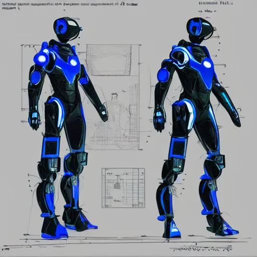 Image similar to T-posing image of a futuristic personal defense mech suit, technical drawing, blueprints, Digital art, detailed