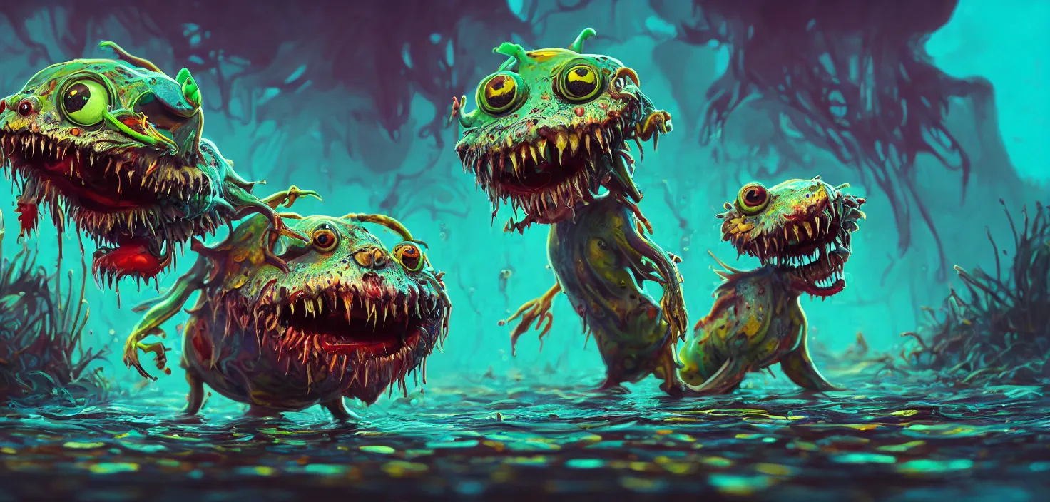 Prompt: intricate colourful murky with strange cute friendly angry crazy liqide creatures with huge beauty eyes long tongue triangle teeth and scary face appearing from the water, in the style of craola, shallow depth of field, highly detailed, digital painting, trending artstation, concept art, illustration, cinematic lighting, vibrant colors, photorealism, epic, octane render