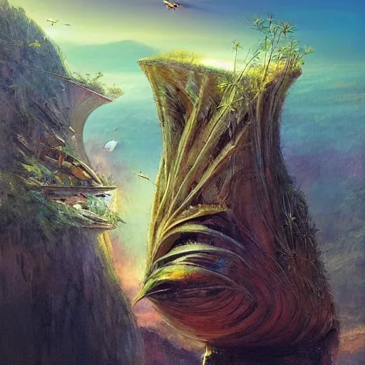 Prompt: beautiful portrait of bamboo living pods shaped like a sea shell embedded on the side of a cliff, windows, the time machine, spaceship by john berkey, panoramic view, ssci - fi, futuristic valley, hd wallpaer, art by artgerm, artwork by peter gric and brian froud and esao andrews