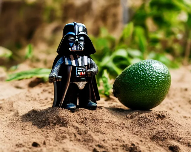 Image similar to 8 5 mm photography of darth vader as an avocado near a garden with sand with dof and bokeh and flowers