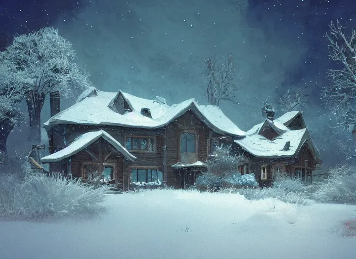 Image similar to snow - covered house, ( ( smoke from the stove ) ), night, stars in the sky, winter landscape, trees, aurora in the sky, painting by craig mullins, octane rendering, wide angle lens, in the style of hayao miyazaki, trending on artstation,