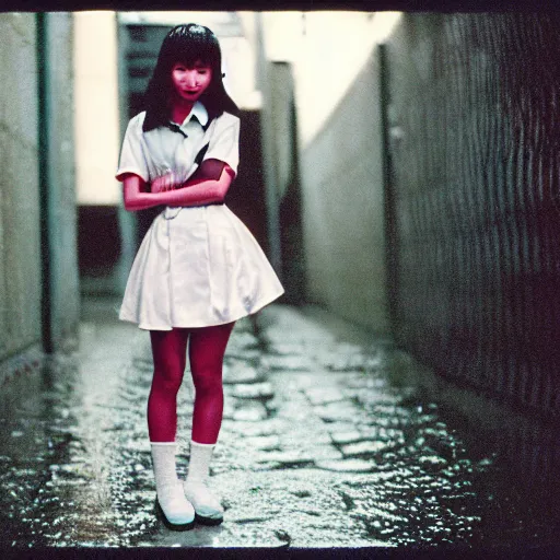 Image similar to 1990s perfect 8K HD professional cinematic photo of close-up japanese schoolgirl posing in sci-fi dystopian alleyway at morning during rain, at instagram, Behance, Adobe Lightroom, with instagram filters, depth of field, taken with polaroid kodak portra