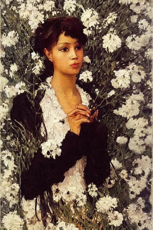 Image similar to close - up fashion black woman portrait airy flowers clouds art by vasnetsov