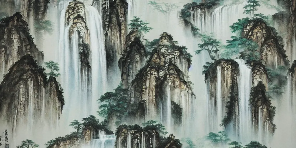 Prompt: “ large temple in the middle of waterfall in chinese watercolor painting, oil painting, masterpiece, aesthetic ”