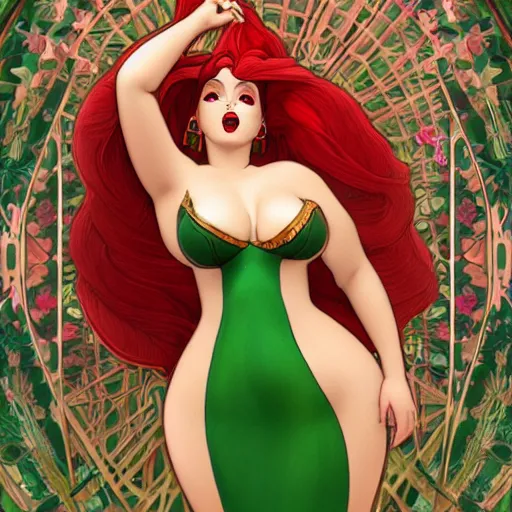 Prompt: a stunning vector portrait of a thicc and voluptuous jessica rabbit dressed as palutena wearing a gossamer scarlet dress walking through a garden in the rain, intricate, elegant, highly detailed, artstation, concept art, ultra sharp focus, octane render, volumetric lighting, god rays, art by jugendstil and greg rutkowski and alphonse mucha