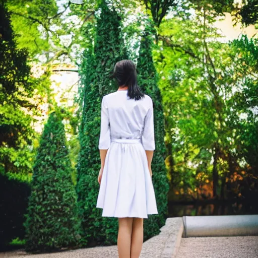 Prompt: a full body portrait of a young maid standing before a fountain in a park, 8k, cinematic, photo taken with Sony a7R camera, by William-Adolphe