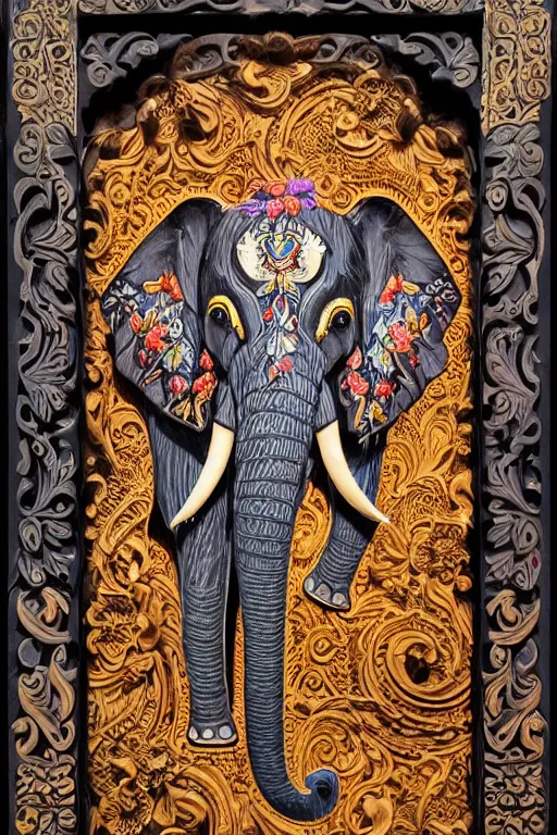 Image similar to Painted dark-wood panel relief carving of a Flowerpunk Matriarch Elephant, ornate border frame, explosion of colorful flowers, dark wood, intricately carved, black ink, festival of rich colors, intricate details, cinematic lighting, volumetric lighting, post-processing, by andreas rocha and john howe, and Martin Johnson Heade, featured on artstation, featured on behance, golden ratio, hyper detailed, photorealistic, epic composition, center spotlight, f32, well composed, UE5, 8k