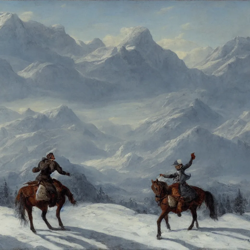 Image similar to figure on horseback in an icy landscape with snow covered mountains in the distance, Kristian Wåhlin,